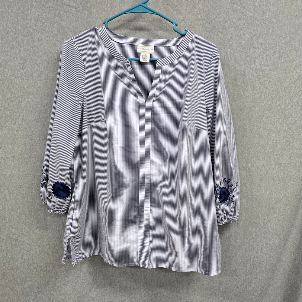 Liz Claiborne Womens Blue White Striped Embroidered Sleeve‎ Tunic Blouse Medium